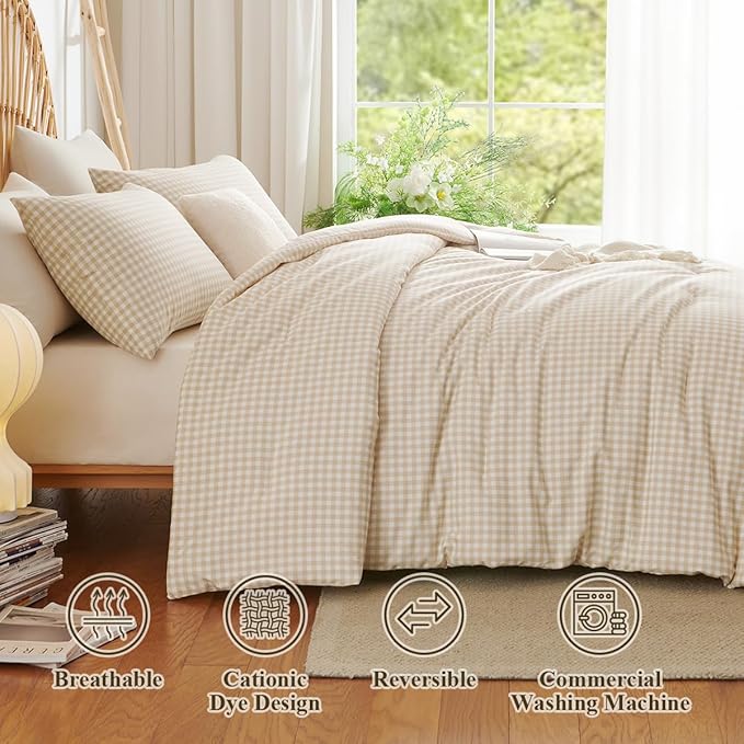 Gingham Comforter Set Queen Size - 3 Pieces Beige White Gingham Comforter Bedding Sets Checkered Pattern,Queen Bed in a Bag with Plaid Comforter and 2 Pillowcases