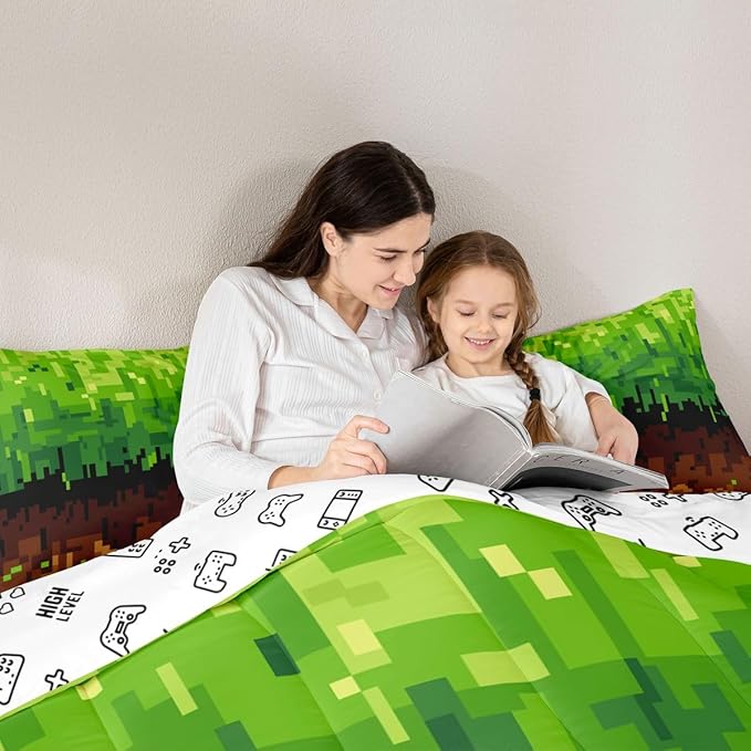 Manfei Pixelated Kids Comforter Set Queen Size,Patchwork Grid Video Games Bedding Set,Boys Room Decor,Miners Lattice Simple Quilt Comforter,Brown Green Duvet Set Bedroom Quilt Set,2 Pillowcases