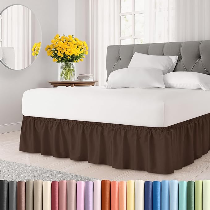 Wrap Around Dust Ruffle Bed Skirt - Brown - for Full Size Beds with 15 Inch Drop - Easy Fit Elastic Strap - Adjustable Pleated Bedskirt w/Brushed Fabric - Wrinkle Free - for Women, Men, Kids & Teens