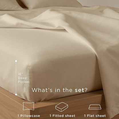 Threadmill Cotton Twin XL Sheet Set | 100% Cotton Sheets for Twin XL Size Bed | Solid Sateen Twin XL Bed Sheets Set with 16” Deep Pocket | Soft Breathable 3-Piece Cooling Sheet Set | Beige