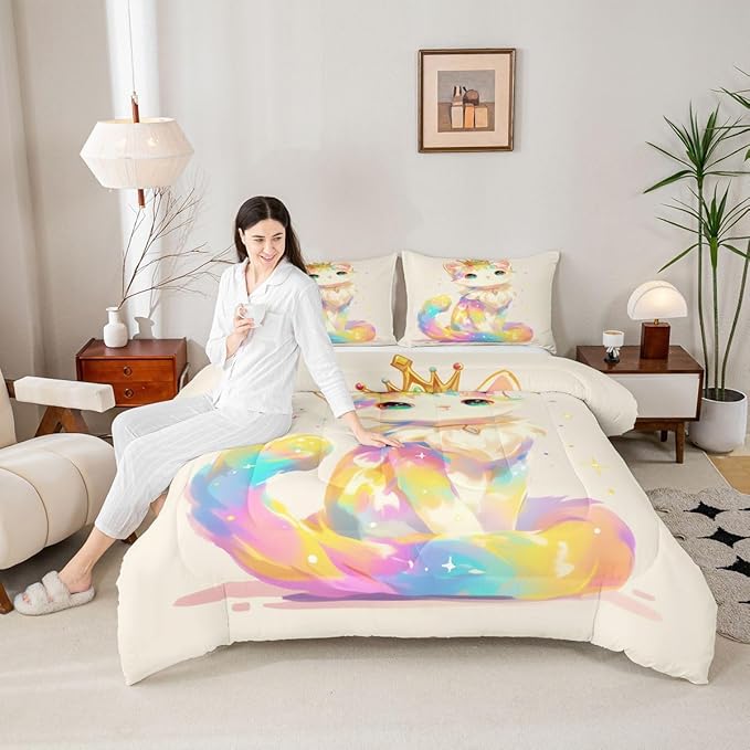 Erosebridal 3D Anime Cat Bedding for Animal Lovers Cartoon Lovely Cat Comforter Set Full, Kawaii Colorful Cat Bedding Comforter Sets for Girls Boys Kids Cartoon Gifts Decor for Bedroom