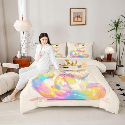 Cartoon Cat Comforter Set King Size Bedding Sets Watercolor 3D Anime Bed Comforter, Cute Pets Toddler Comforter for Animal Lovers Enthusiast Kawaii Anime Decor Design Quilt for Girls Kids Teens