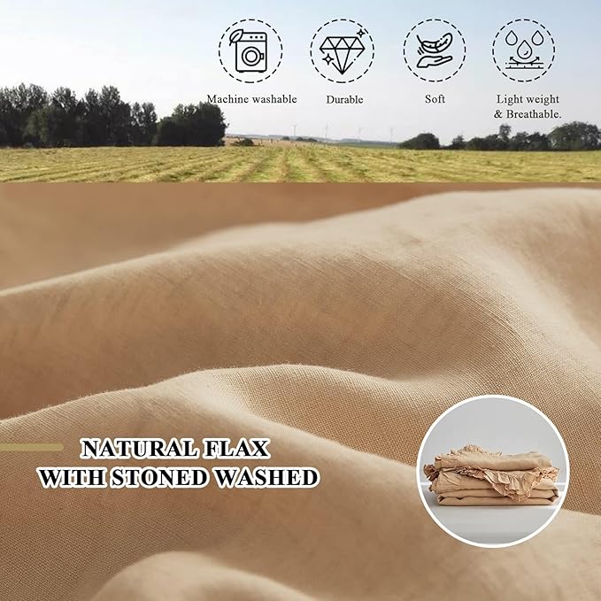 Simple&Opulence 100% Linen Duvet Cover Set, 3 PCS Natural French Flax Sand Ruffle Duvet Cover King Size, Breathable Comfy Linen Bedding Comforter Cover with 2 Pillowcases (Sand, 104" X 92")