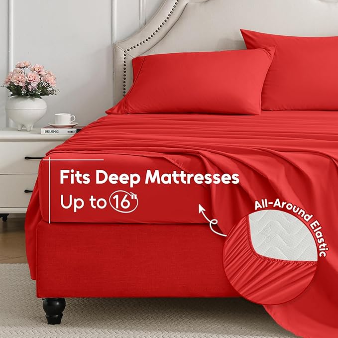 Twin Sheets Set, 3 Pieces Hotel Luxury Soft Microfiber Bed Sheets Set, Up to 16" Deep Pockets, Oeko-Tex Sheets with Elastic, Breathable, Wrinkle Free (Red, Twin)