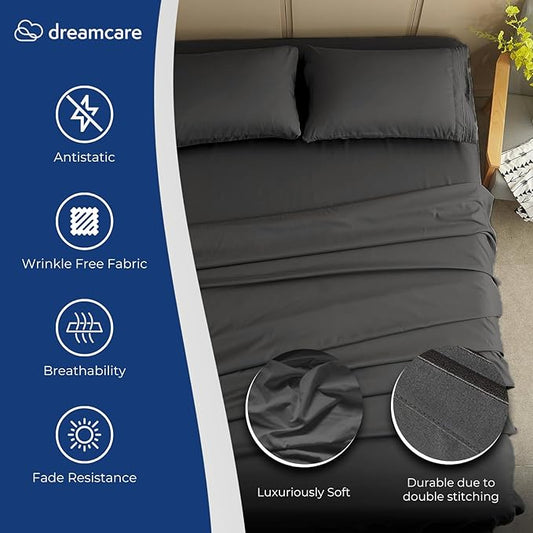 DREAMCARE King Size Sheets Set - Cooling Bed Sheets - 4pcs Set - up to 15" Deep Pocket King Sheet Set – Soft & Long Lasting Cooling - 100% Fine Brushed Polyester with Side Pocket - Gray