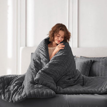 MUXHOMO 7 Pieces California King Comforter Set, Seersucker Bed in a Bag Cal King Size, All Season Luxury Bedding Set with Comforter, Flat Sheet, Fitted Sheet, Pillowcases & Shams, Dark Grey