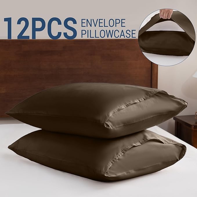 Pillowcases Queen 12 Pack, 20x30 Pillow Cases with Envelope Closure, Soft Plain Brushed Microfiber Covers Breathable Wrinkle-Resistant, Brown
