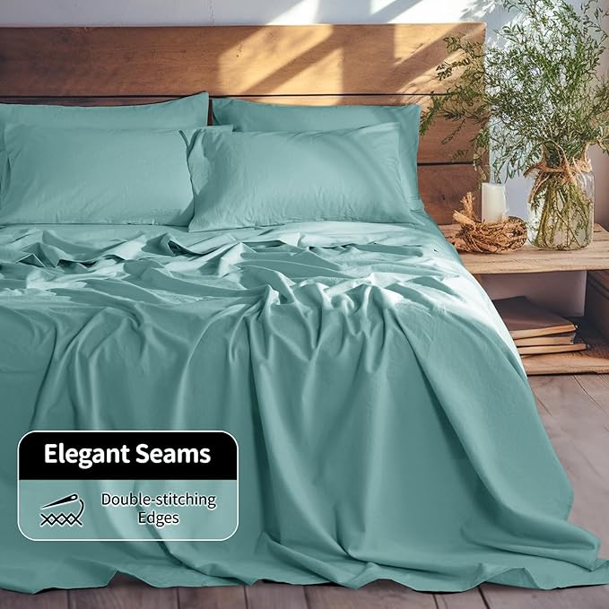 LBRO2M 100% Pure Linen Sheet Set Deep Pocket Up to 16" Bed Sheets Sets, Natural Flax Beddings Soft, Breathable, Comfortable for All Seasons 6 Pcs Sheet Set King Size, Aqua