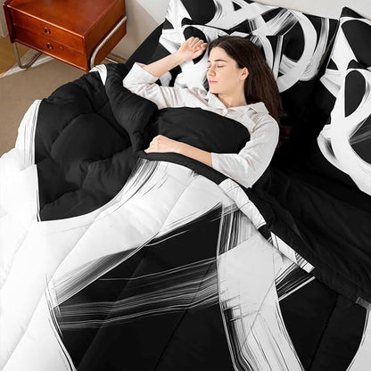 Erosebridal Abstract Modern 7 Piece Comforter Set Queen Bed in A Bag Black White Lines Geometric Bedding Set Minimalist Contemporary Stripes Sheet Set Ink Painting Simple Aesthetic Neutral Quilt
