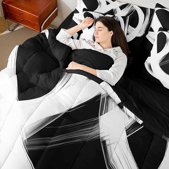 Erosebridal Abstract Modern 7 Piece Comforter Set Full Bed in A Bag Black White Lines Geometric Bedding Set Minimalist Contemporary Stripes Sheet Set Ink Painting Simple Aesthetic Neutral Quilt