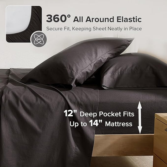 Comfort Spaces 100% Cotton Sheets Twin XL, Breathable & Ultra Soft Cotton Sheets, Naturally Cool Cotton Bed Sheets with 12" Elastic Pocket Fits up to 14" Mattress, All Season Sheet Set, Black, 3 Piece