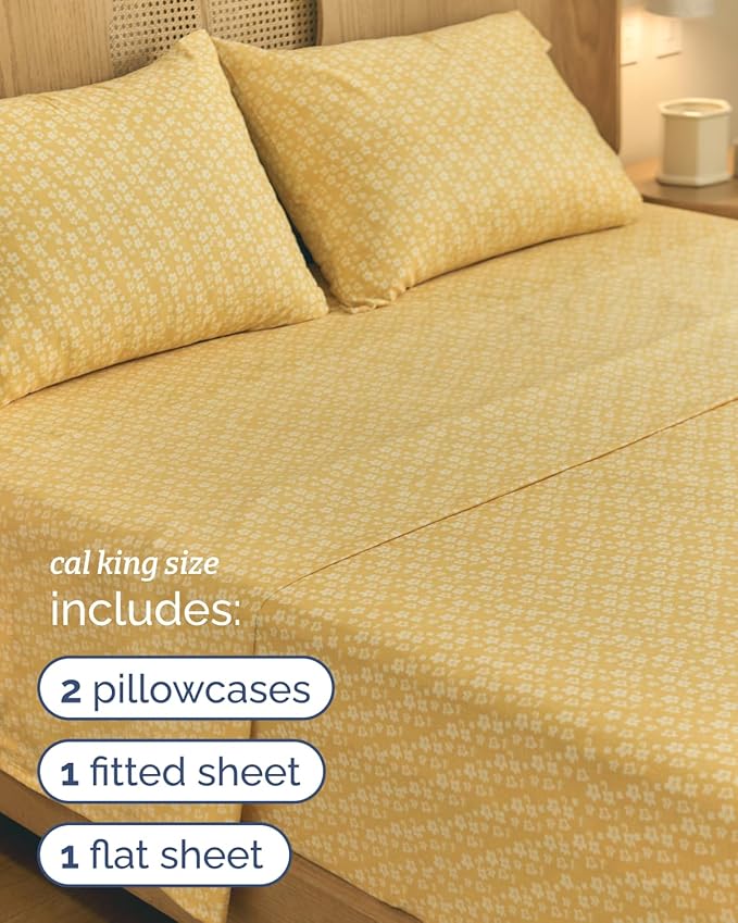 Floral Sheets - Yellow Floral Bed Sheet Set - 1 Flat, 1 Fitted & 2 Pillowcases w/ Deep Pockets - Wrinkle & Fade Free - Boho Botanical Bedding - Ultra-Soft, Breathable and Cooling - Cal King Size Set