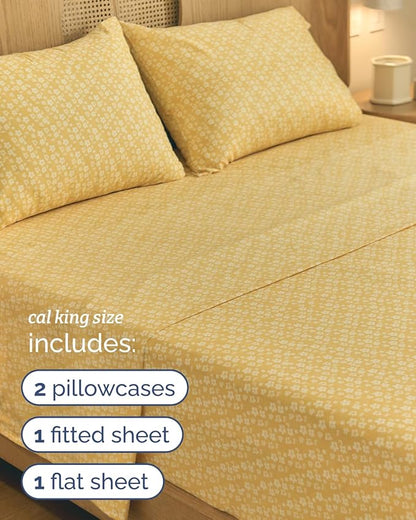 Floral Sheets - Yellow Floral Bed Sheet Set - 1 Flat, 1 Fitted & 2 Pillowcases w/ Deep Pockets - Wrinkle & Fade Free - Boho Botanical Bedding - Ultra-Soft, Breathable and Cooling - Cal King Size Set