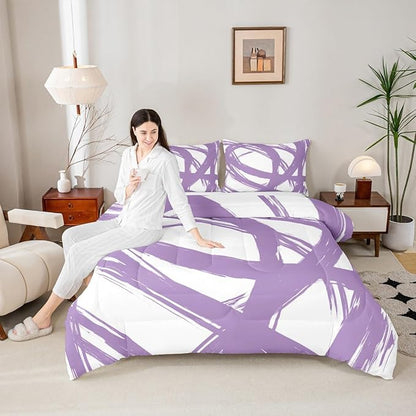 Erosebridal Purple and White Abstarct Queen Comforter Set for Adult Women Men, Geometric Striped Bedding Set for Minimalists,Graffiti Aesthetic Lines Quilt,Contemporary Boho Modern Art Duvet Insert