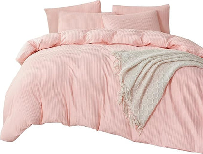 Pink Striped King Comforter Set Soft Luxury Washed Microfiber Jacquard 3 Pieces Bedding Set, Pink Jade Vertical Ticking Stripes Comforter with 2 Pillowcases Breathable Durable Comfy