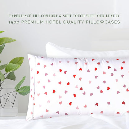 Elegant Comfort Ultra Soft Set of 2 Hearts Print Pillowcases - 1500 Premium Hotel Quality Microfiber, Soft and Smooth Envelope Closure 2-Piece Pillow Covers - Standard/Queen, Valentina