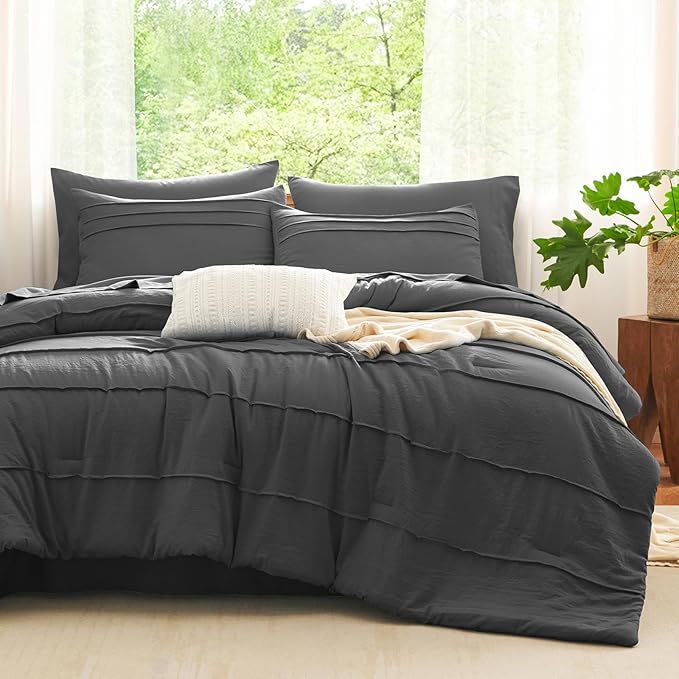 CozyLux Queen Comforter Set Dark Grey, 7 Pieces Soft Pinch Pleat Bed in a Bag Queen Comforter Set with Sheets, Boho Bed Set with Down Alternative Comforter, Sheets, Pillowcases & Shams