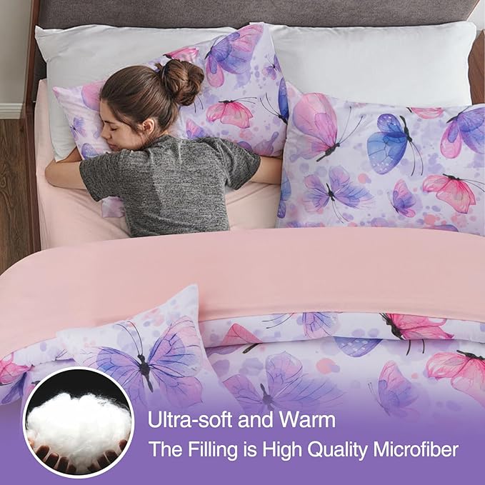 A Nice Night 6pcs Full Bed in A Bag Watercolor Ink Wash Tie-Dye Butterfly Printed, Butterflies Flying Bedding Comforter Set, Purple