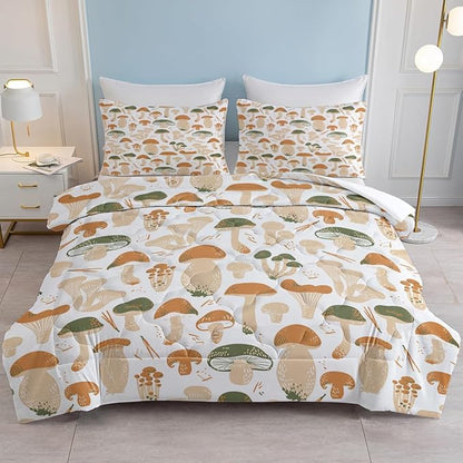 SOULZZZ Cute Mushroom Comforter Twin Size Natural Wild Plants Fungus Mushroom Bed Set Mushroom Comforter Setfor Room Decor 1 Comforter and 2 Pillow Shams,Transparent Mushroom