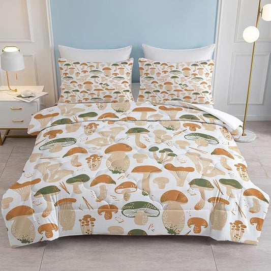 SOULZZZ Cute Mushroom Comforter Twin Size Natural Wild Plants Fungus Mushroom Bed Set Mushroom Comforter Setfor Room Decor 1 Comforter and 2 Pillow Shams,Transparent Mushroom