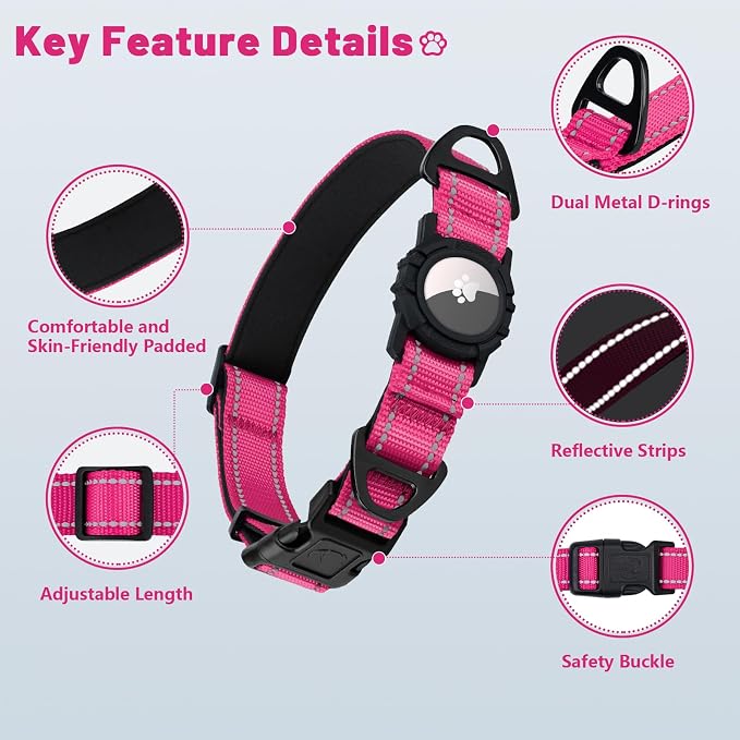Taglory AirTag Dog Collar with Waterproof Holder for Medium Dogs, Hot Pink | Reflective for Night Walks & Low-Light Safety, Track Your Pup Peace of Mind, Adjustable Soft Padded, No More Dangling Tags M