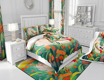 Dragon Cute Girl Comforter Set Queen Size,Cartoon Floral Green Weed Bedding Set for Kids Boys Teens Room Decor,Colorful Flower Animals Duvet Insert 3Pcs,Watercolor Fantasy Quilt Set,2 Pillowcases