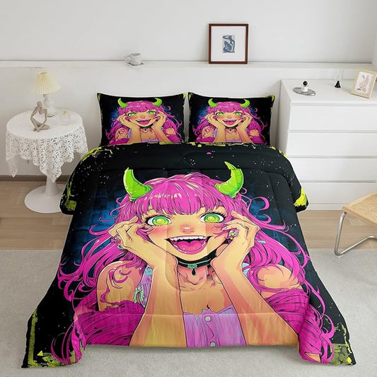 Erosebridal Anime Girl Comforter Set Queen Size, Japanese Anime Bedding Set for Kids Boys Teens Bedroom Decor, Cartoon Girl Quilt Kawaii Japanese Animation Duvet Insert with 2 Pillow Cases