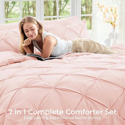 Sasttie Twin Comforter Set, 5-Piece Bed in a Bag, Pintuck Bedding Sets for All Season, Includes Comforter, Flat Sheet, Fitted Sheet, Pillowcase and Pillowsham, Blush Pink