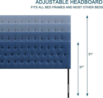 Tufted Upholstered Headboard King Size, Adjustable Height 37- 51 in, Blue | Sturdy and Durable Solid Wood Bed Headboard, Fabric King Headboard Only, Modern Button Diamond Design Head Board