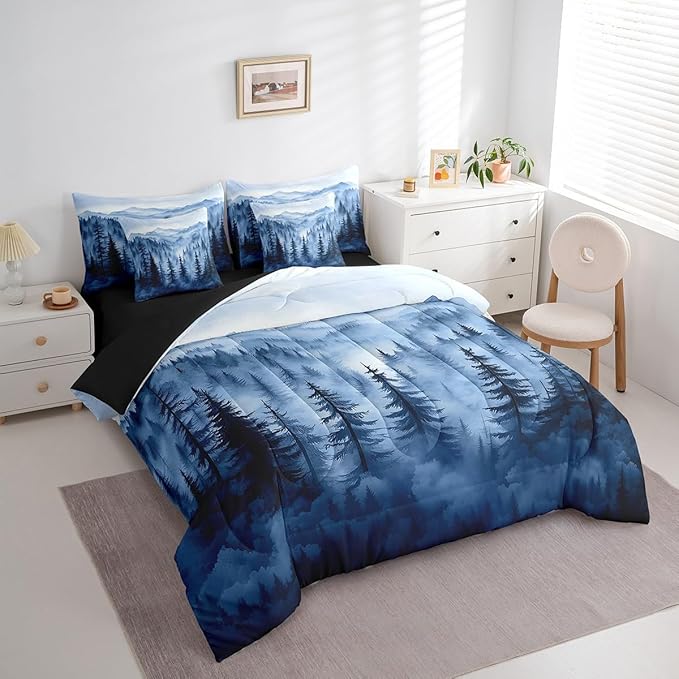 Erosebridal Boys Blue Forest King Comforter Set with Sheets 7 Piece,Rustic Woodland Pine Tree Bedding Set,Jungle Smoky Mountain Bed in A Bag for Kids Adults Men Retro Natural Landscape Bed Set