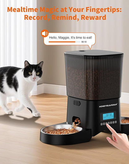 HoneyGuardian Automatic Cat Feeder for 2 Cats, Automatic Cat Food Dispenser, Timed Pet Feeder for Cats and Dogs, Desiccant Bag, Programmable Portion Control,10s Voice Recorder