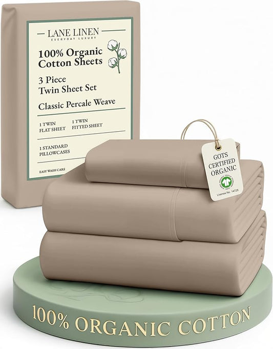 LANE LINEN 100% Organic Cotton Sheets Set Pure Long- Staple Percale Weave - Bedding for Bed Fits Mattress Upto 15in Deep Pocket (Twin Taupe)