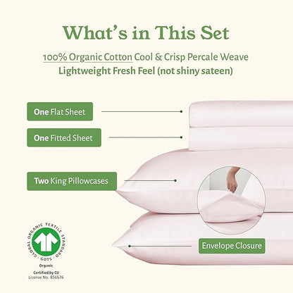 California Design Den California King Sheets Set - Soft 100% Organic Cotton, Deep Pockets, Crisp Percale Cotton Sheets, Breathable and Durable Bedding Set (Pink - Chalky Tone)