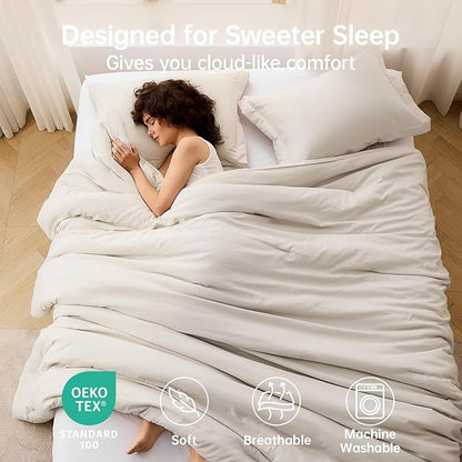 MUXHOMO Beige Oversized Queen Comforter Sets, All Season Ultra Soft Down Alternative Bedding - 3 Piece Lightweight Bed Set Includes 1 Comforter (98"*98") and 2 Pillow Shams (20"x26")