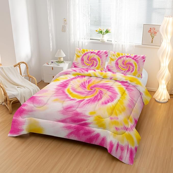 Pink Tie-dye Comforter Sets Twin Size,Abstract Modern Art Bedding Set for Your Room,Graffiti Soft Lightweight Quilted Set All Season 1 Comforter and 2 Pillowcases