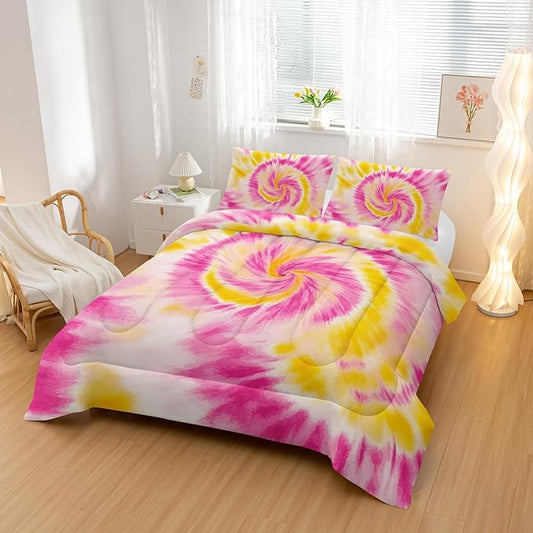 Pink Tie-dye Comforter Sets Twin Size,Abstract Modern Art Bedding Set for Your Room,Graffiti Soft Lightweight Quilted Set All Season 1 Comforter and 2 Pillowcases