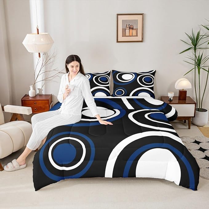 Erosebridal Black Blue Vortex Toddler Comforter Chic Geometric Abstract Mens Bedding Set Striped Aesthetic Circles Duvet Insert Boho Modern Bed Sets