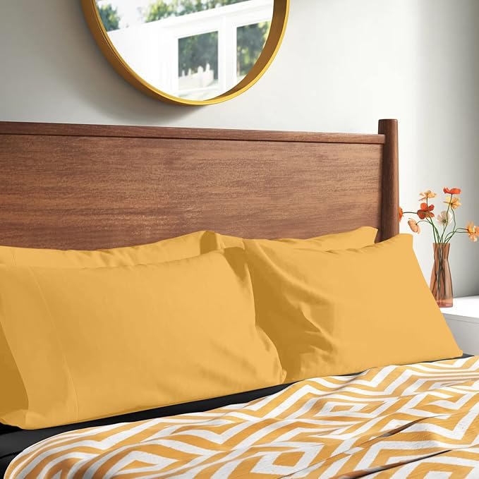 YIYEA Pillow Cases Queen Size Set of 4, Ultra Soft 1800TC Hotel Quality Double Brushed Microfiber Embroidered Pillowcases, Envelope Closure, Fade Resistant (20"x30", Yellow)