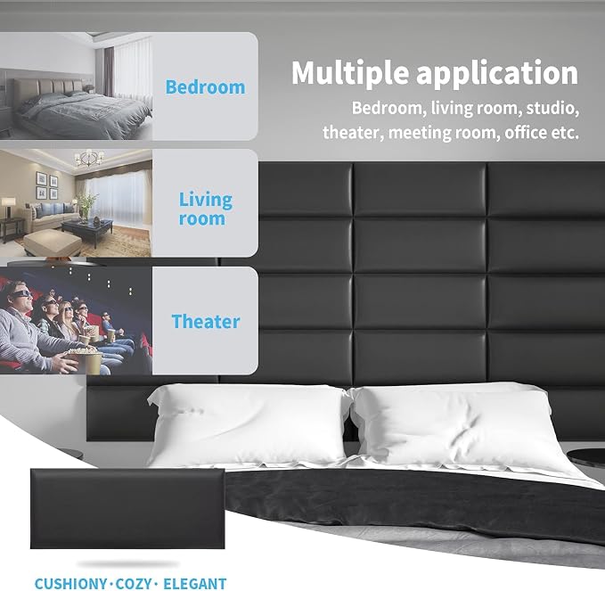 Art3d Peel and Stick Headboard for Twin in Black, Pack of 4 Panels Sized 9.84" x 23.62", 3D Wall Panel, Upholstered Wall Panel | Self Adhesive, Upholstered Padded Panels, Fits Multiple Bed Sizes, Sound Absorbing, Ideal for Bedroom