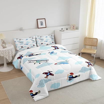 Kids Aircraft Comforter Set for Kids,Boys Teens Airplanes Bedding Sets Teens Cute Room Decor,Blue White Clouds Chic Gingham Duvet Set Quilt Set Twin 1 Comforter with 1 Pillow Case