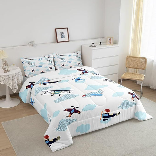 Castle Fairy Kids Aircraft Boys Girls Comforter Set Full Size,Boys Teens Airplanes Duvet Sets Teens Bedroom Decor,Blue White Clouds Chic Gingham Brushed Microfiber Soft Bedding Comforter