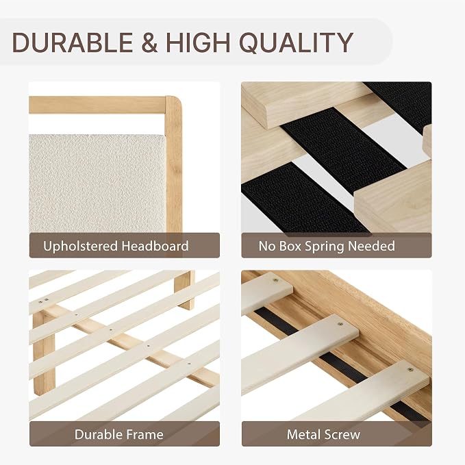 KISLOT Wood Bed Frame, with USB Headboard & Footboard, Oat, Queen | Mattress Foundation, Strong Wooden Slat Support, Noise-Free, No Box Spring Needed, Easy Assembly