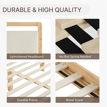 KISLOT Wood Bed Frame, with USB Headboard & Footboard, Oat, Queen | Mattress Foundation, Strong Wooden Slat Support, Noise-Free, No Box Spring Needed, Easy Assembly