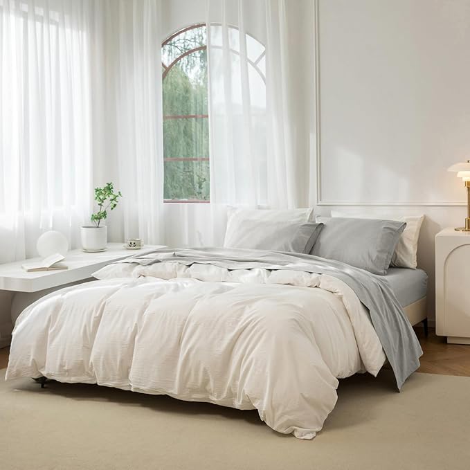 JIYUAN Queen Size Sheet Set, 4-Piece - 100% Washed Cotton, Linen-Like Soft & Breathable, Includes Deep Pocket Fitted & Flat Sheet with 2 Pillowcases, Hotel Quality, Heathered Pastel Grey