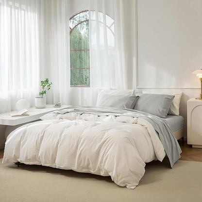 JIYUAN Queen Size Sheet Set, 4-Piece - 100% Washed Cotton, Linen-Like Soft & Breathable, Includes Deep Pocket Fitted & Flat Sheet with 2 Pillowcases, Hotel Quality, Heathered Pastel Grey