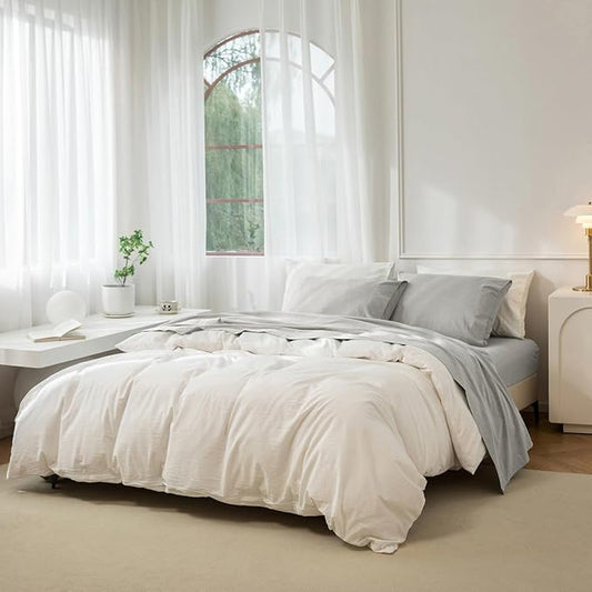 JIYUAN Queen Size Sheet Set, 4-Piece - 100% Washed Cotton, Linen-Like Soft & Breathable, Includes Deep Pocket Fitted & Flat Sheet with 2 Pillowcases, Hotel Quality, Heathered Pastel Grey