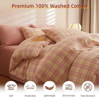 EAVD Yellow and Pink Plaid Duvet Cover Full Soft Washed Cotton Gingham Duvet Cover Set 3 Pieces Modern Grid Checkered Bedding Set with 2 Pillowcases Zipper Closure for All-Season