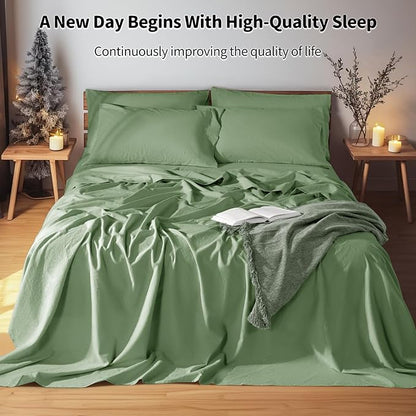 LBRO2M 100% Pure Linen Sheet Set Deep Pocket Up to 16" Bed Sheets Sets, Natural Flax Beddings Soft, Breathable, Comfortable for All Seasons 6 Pcs Sheet Set King Size, Green