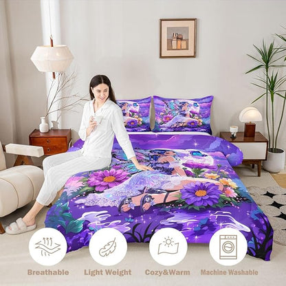 Erosebridal Fairy Girl Bedding Sets King - Flower Fairytale Comforter Set for Kids Adults Blue Butterfly Floral Decor Duvet Insert Purple Galaxy Moon Quilt