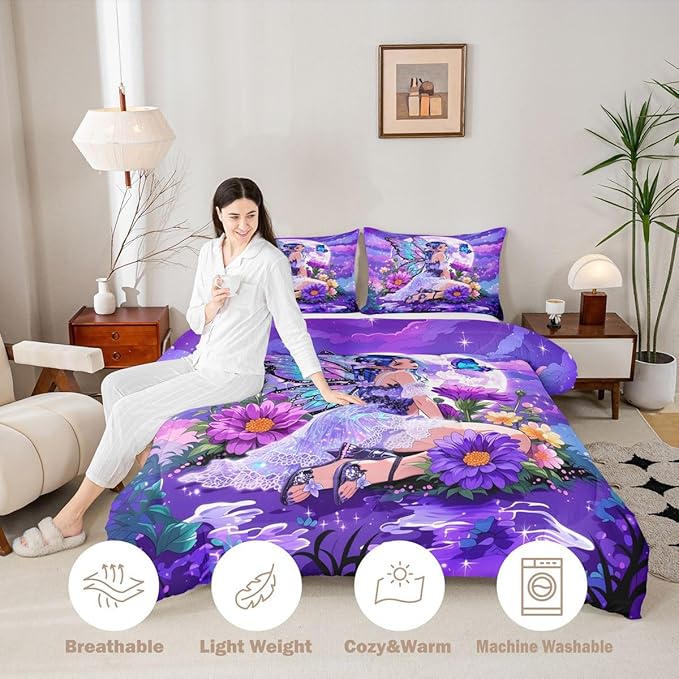 Erosebridal Fairy Girl Bedding Sets Full - Flower Fairytale Comforter Set for Kids Adults Blue Butterfly Floral Decor Duvet Insert Purple Galaxy Moon Quilt